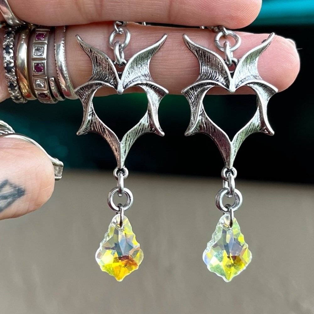 Heart Bat dragon wings earrings with iridescent rainbow yellow blue drop crystal